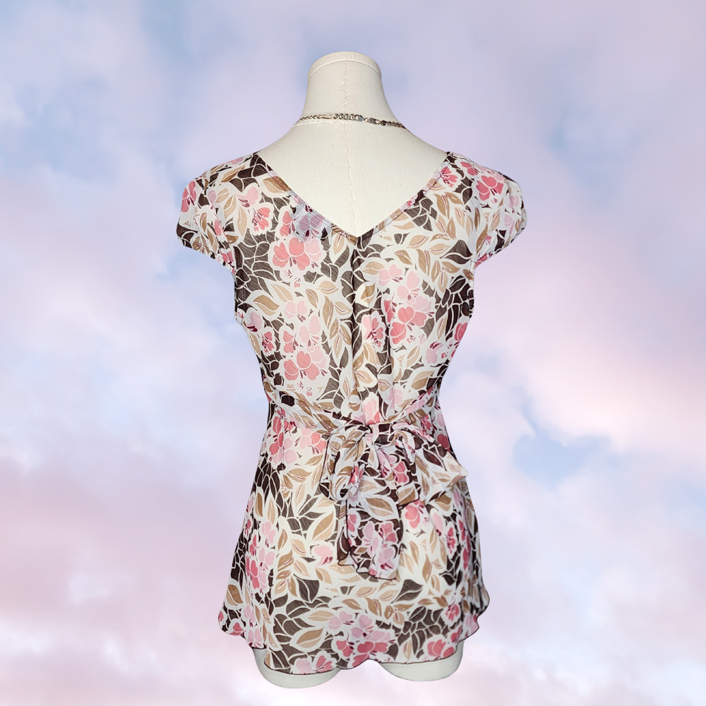 Y2k 2000 Vtg iz Byer Cali Floral Short Sleeve V-Neck Tie Back Chiffon Mesh Top L - Picture 5 of 8
